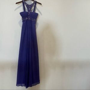 LM Collection Royal Purple Beaded Halter Neck Prom Dress